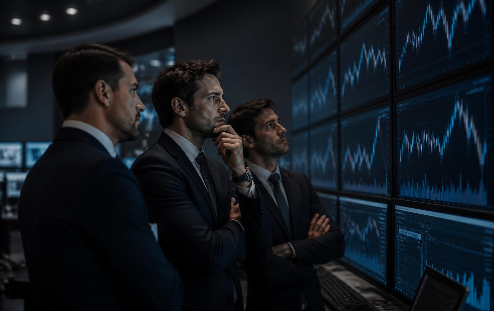 Analisti Apollo Capital osservano i grafici sulla parete di monitor della sala operativa